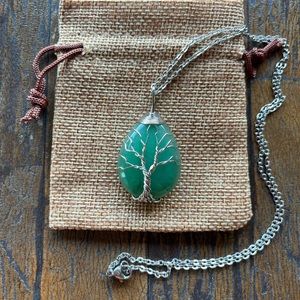 Brand New Wire-Wrapped Green Aventurine Drop Pendant with Stainless Steel Chain